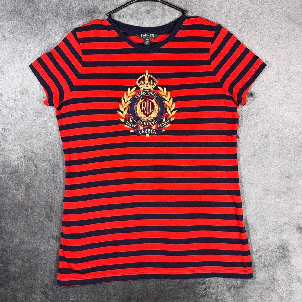 Lauren Ralph Lauren Striped Crest T-Shirt Navy Red Embroidered RLL Logo Small
